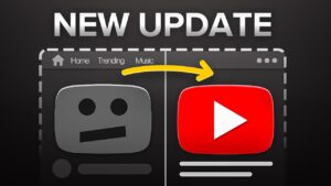 Illustration showing a split-screen of two browser windows under the heading ‘New Update’. On the left is a greyed-out, sad-faced video icon in a window with tabs labelled Home, Trending, Music. On the right is a bright red play-button icon in a browser window. A yellow arrow arches from left to right, indicating a transition. The image highlights the YouTube collab feature.